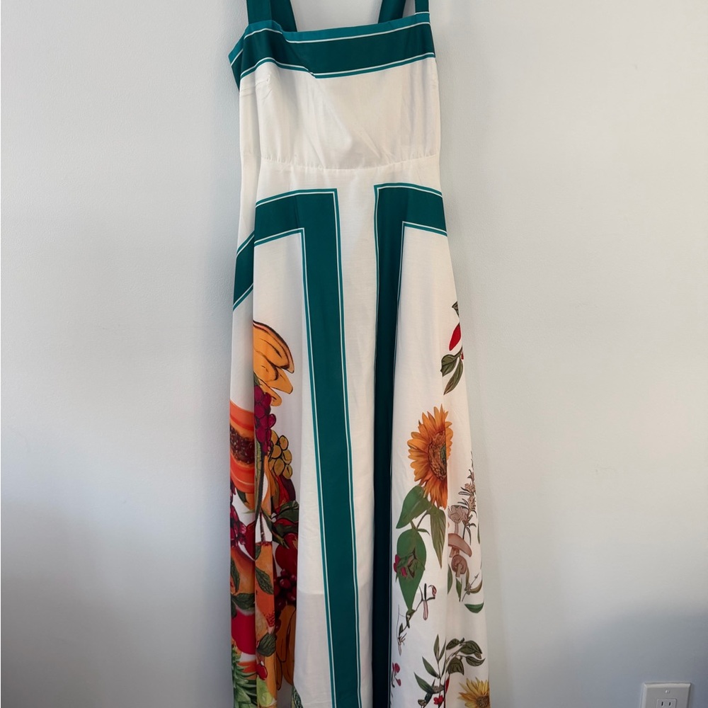 White Floral Maxi Dress with Teal Paneled Trim
